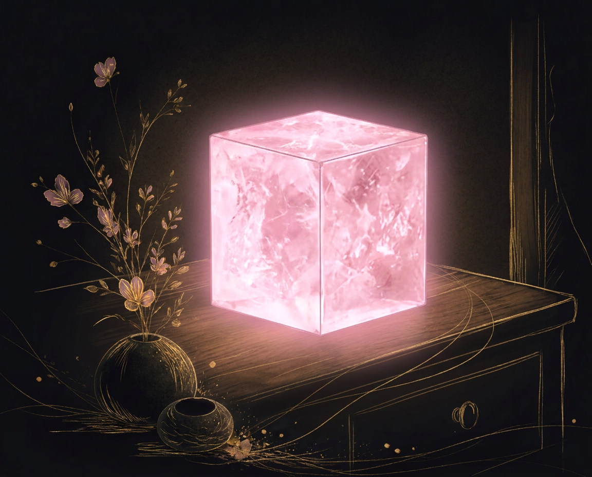 Illustration du cube Lumiko lumineux rose posé sur une console en bois, près d'un vase de fleurs dessinées au trait doré