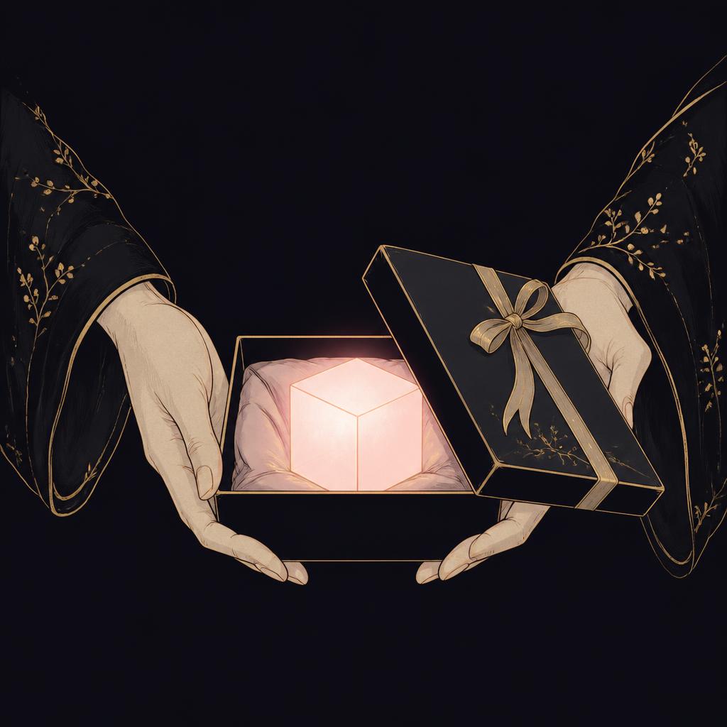 Illustration de deux mains offrant un écrin noir et or contenant le cube Lumiko illuminé