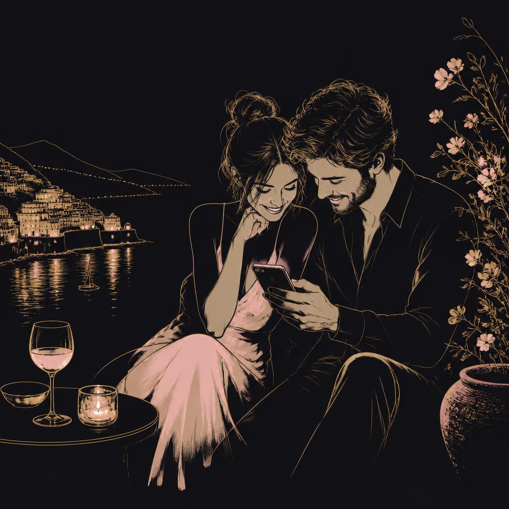 Illustration au trait doré d'un couple en vacances choisissant des photos sur un téléphone