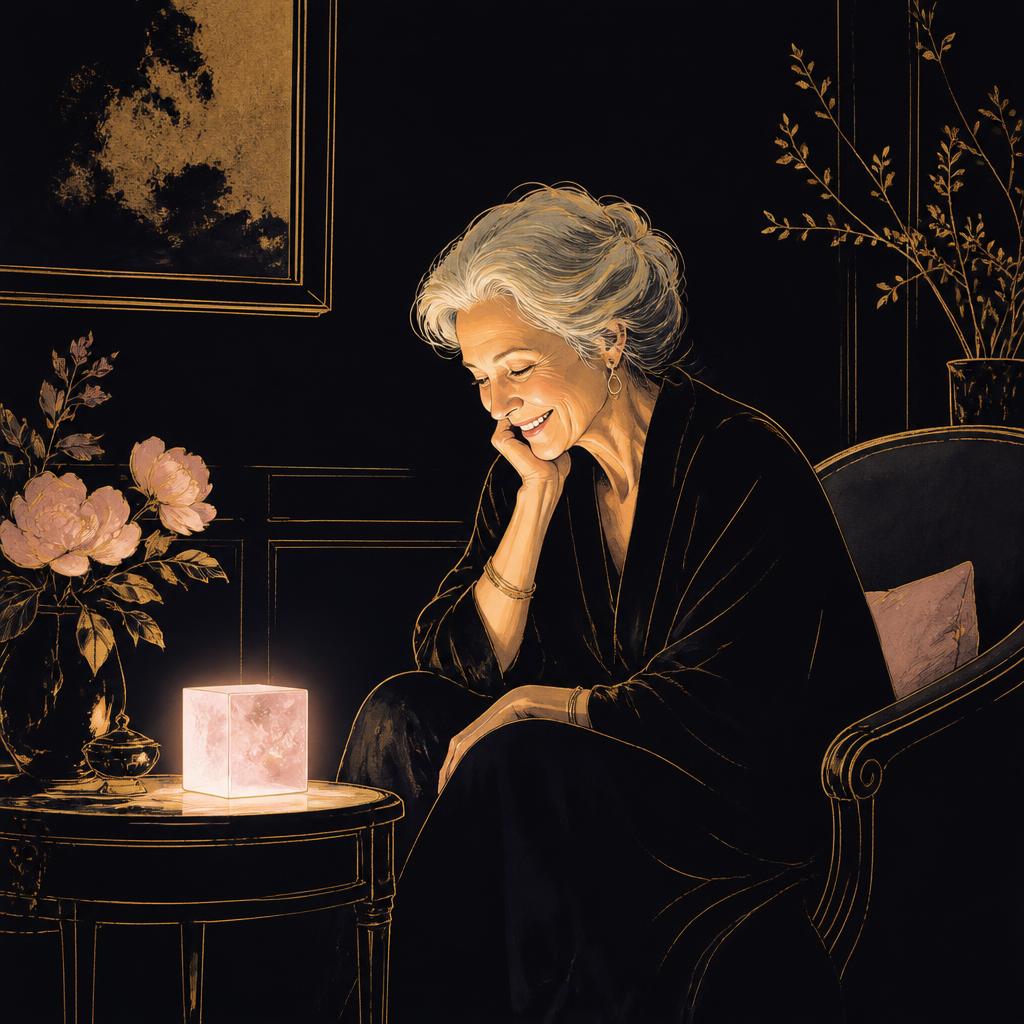 Illustration d'une femme âgée souriant devant le cube Lumiko illuminé sur un guéridon